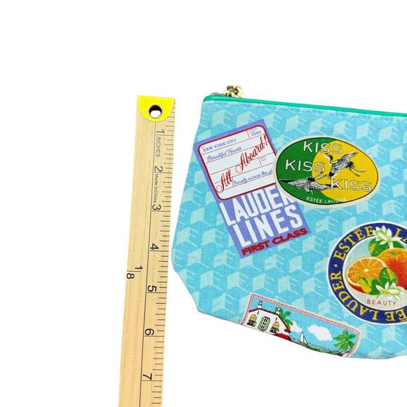 Estée Lauder Cosmetic Makeup Bag Blue with Various Sticker like Designs - Picture 4 of 7